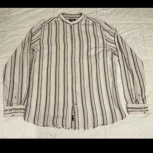 Netplay Long Sleeve Button Up Shirt Men Large Crewneck White Blue Tan Cotton